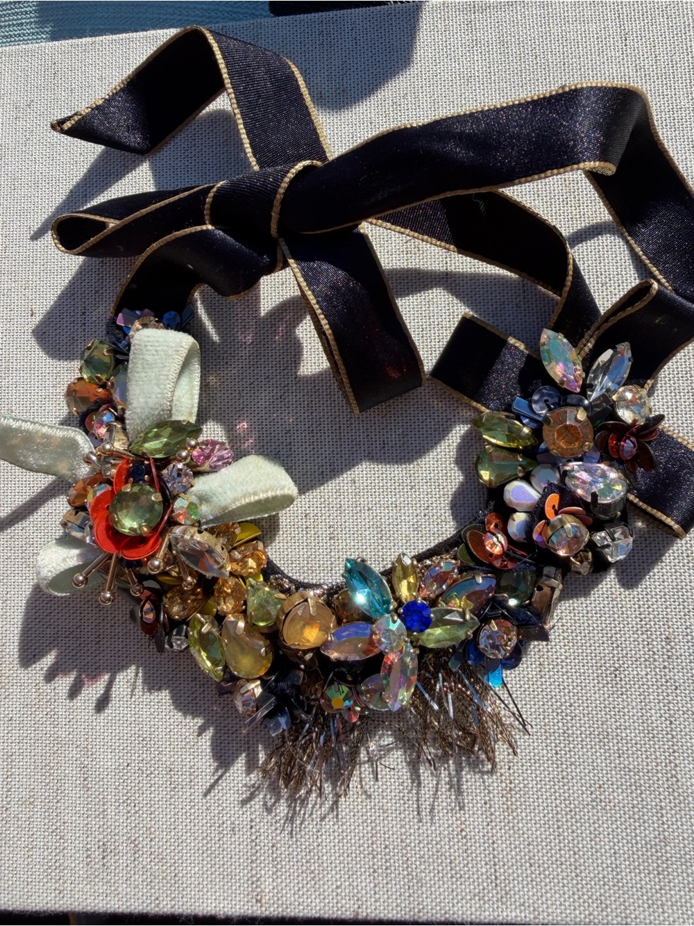J. Crew Rare Funfetti Multicolor Crystal Cluster Bib Ribbon Statement Necklace